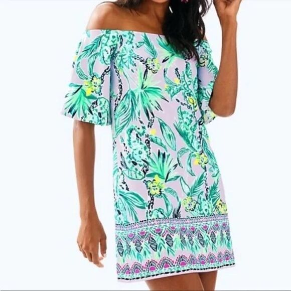 LILLY PULITZER FAWSETT Small Off the Shoulder Dress Lilac Verbena - Picture 1 of 16